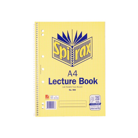 SPIRAX 906 Lecture Book A4 140 Pages – 7mm Ruled, Red Margin, Perforated for Filing