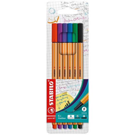 STABILO Point 88 Fineliner – Assorted Colours, 6-Piece Wallet (0.4mm)