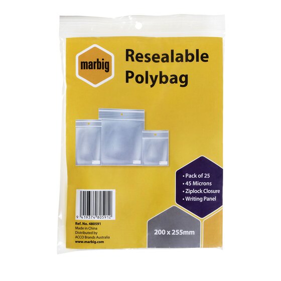 MARBIG Resealable Polybags 200mm x 255mm with Writing Panel – Pack of 25