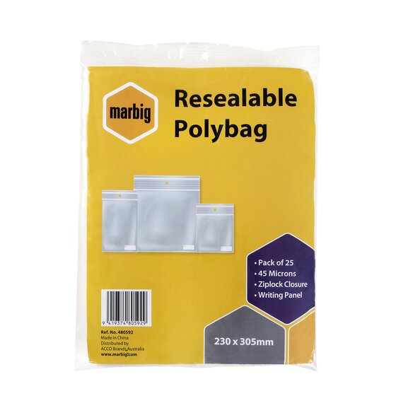 Marbig Resealable Polybags with Writing Panel – 230 x 305mm, Pack of 25