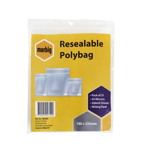 Marbig Resealable Polybags 180mm x 255mm with Writing Panel – Pack of 25