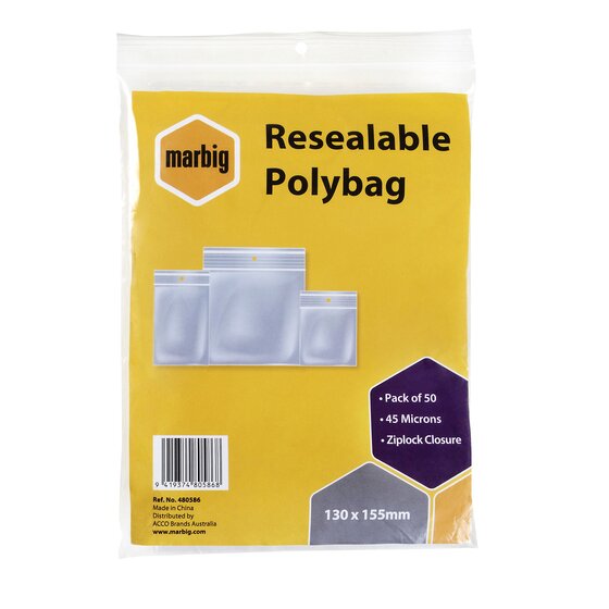 MARBIG Zip Lock Bags 130mm x 155mm | Pack of 50 Resealable Poly Bags for Office & Home