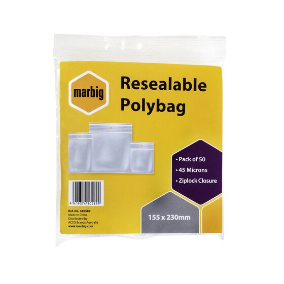 MARBIG Zip Lock Bags 155mm x 230mm (Pack of 50)