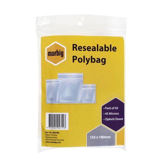 MARBIG Resealable Polybags 155mm x 180mm (Pack of 50)