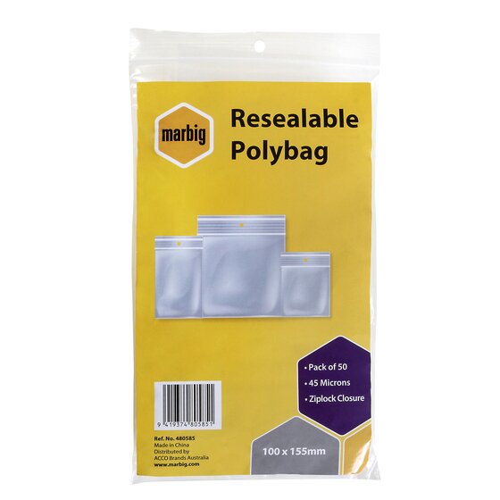Marbig Resealable Polybags, 100mm x 155mm, Pack of 50