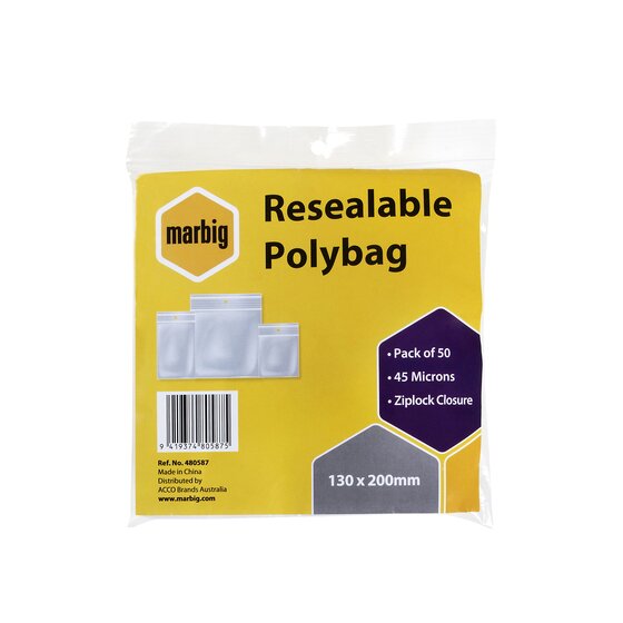 MARBIG Resealable Poly Bags 130mm x 200mm | Pack of 50 Zip Lock Storage Bags