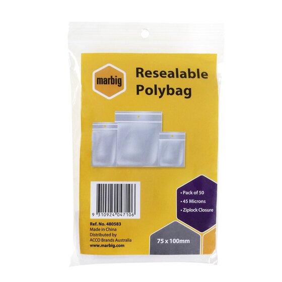 MARBIG Resealable Polybags 75mm x 100mm – Pack of 50