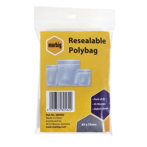 MARBIG Resealable Polybags 65mm x 75mm – Pack of 50
