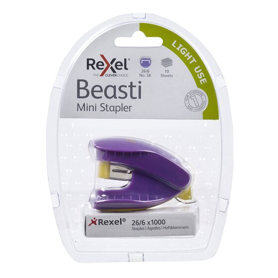 Rexel Mini Beasti Stapler – Purple/Yellow | Compact, Portable Design