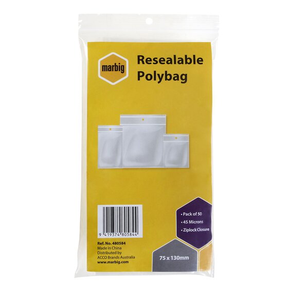 Marbig Zip Lock Bags, 75mm x 130mm, Pack of 50