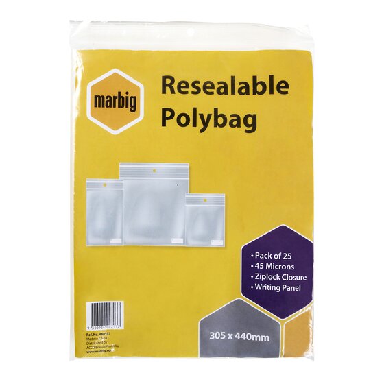 MARBIG Resealable Polybags 305mm x 440mm with Writing Panel – Pack of 25