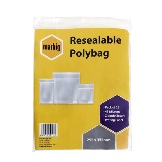 Marbig Resealable Polybags with Writing Panel – 255 x 355mm, Pack of 25