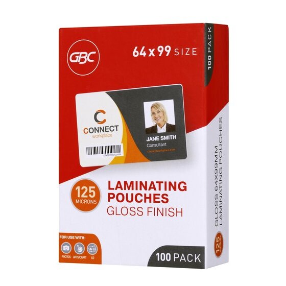 GBC Laminating Pouches – 64 × 99 mm, 125 Micron Gloss, Pack of 100