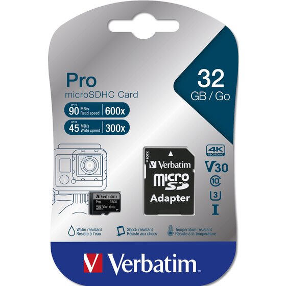 Verbatim Pro 32GB microSDHC Card – Class 10, UHS-I, U3 Speed Rating