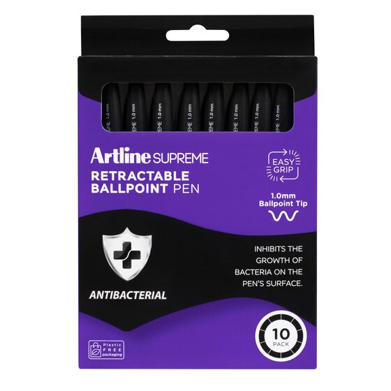 Artline Supreme Retractable Ballpoint Pen – 1.0mm Black, Pack of 10 | Antimicrobial Grip