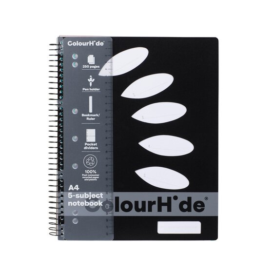Colourhide Subject Book A4 250 Pages – 5-Subject, 7-Hole Punched, Black