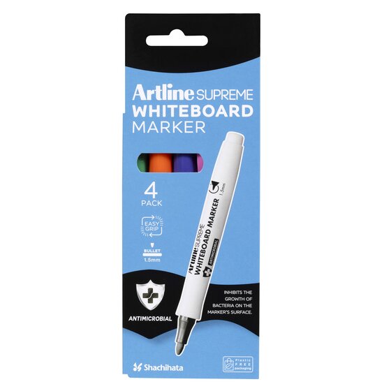 Artline Supreme Whiteboard Marker – Brights 4 Pack, Antimicrobial