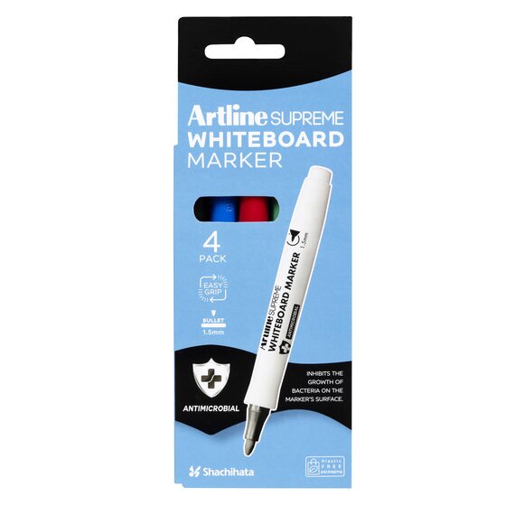 Artline Supreme Whiteboard Marker – Assorted 4 Pack, Antimicrobial