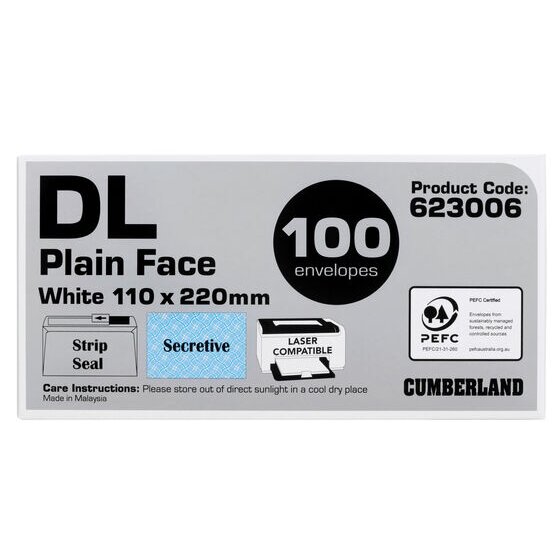 Cumberland Strip Seal DL Plainface Envelope – 110 x 220 mm White, Box of 100