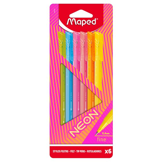 Maped Neon Fineliners Pack of 6 – 0.4mm Felt-Tip with Metal Tip