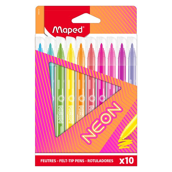 Maped Neon Felt Tip Pens – 2.8mm Bullet Tip, Washable Ink, Pack of 10