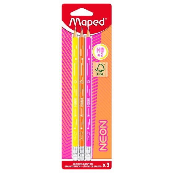 Maped Neon HB Graphite Pencil with Eraser End – FSC-Certified, Pack of 3