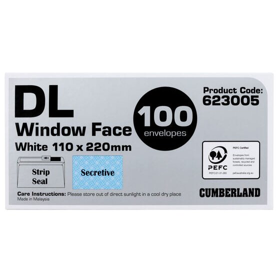 Cumberland Strip Seal DL Window Envelope – 110 x 220 mm White, Box of 100