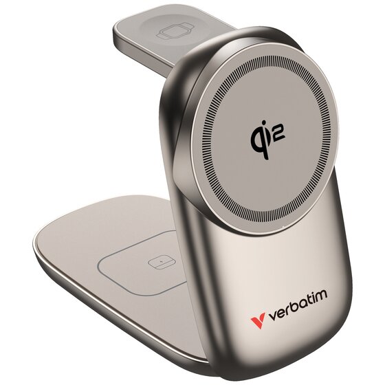 Verbatim 3-in-1 Qi2 Wireless Charging Dock – Phone, Watch, Earbuds (Desert)