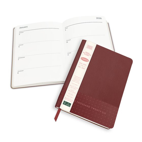 Orange Circle 2026 Dots on Burgundy WTV Diary 142x193mm – Dual-Texture Weekly Planner