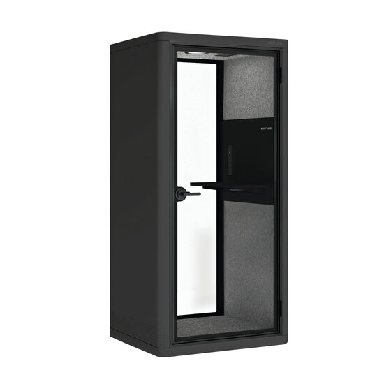 Koplus Milli Stand Acoustic Booth | Graphite Grey Steel Exterior, Light Grey PET Interior, Black Desk
