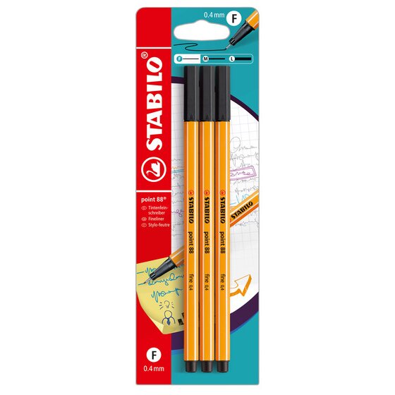 Stabilo Point 88 Fineliner Pen – Black – 0.4mm Nib – Pack of 3