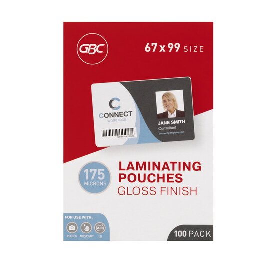 GBC Laminating Pouches 67 x 99mm, 175 Micron Gloss Finish, Pack of 100