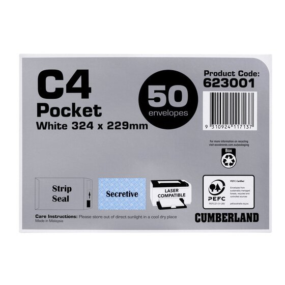 Cumberland Strip Seal Pocket Envelope C4 White – Pack of 50