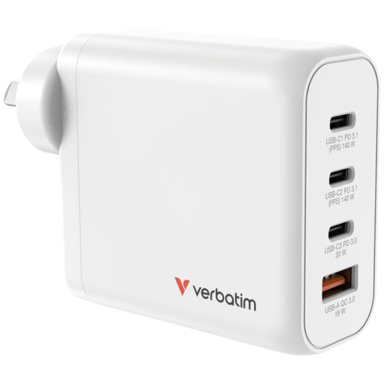 Verbatim 140W GaN 4-Port Wall Charger – 2× USB-C PD, 1× USB-C PD 20W, 1× USB-A QC 3.0 (AU Plug)