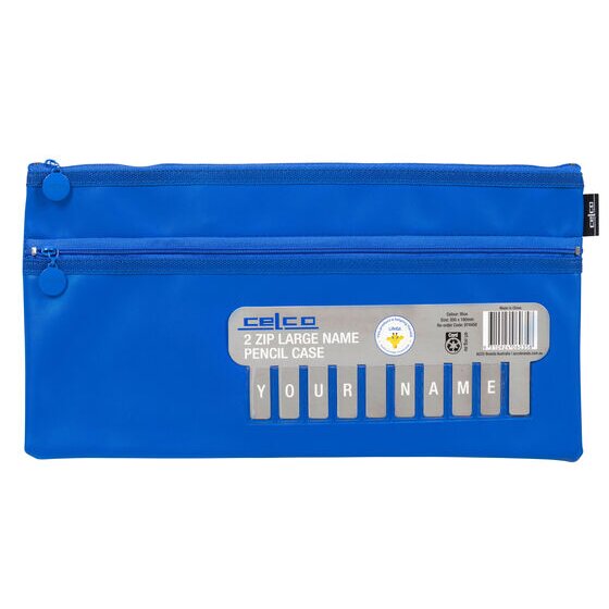 CELCO Pencil Case Blue – 2-Zip Large with Name Card Pocket (350 × 180mm)