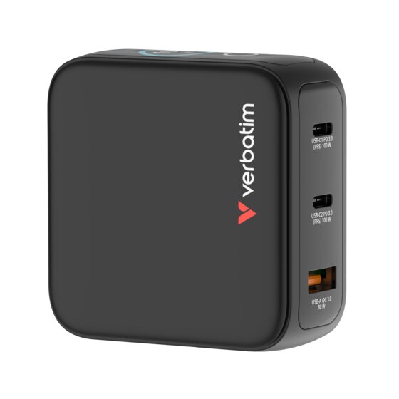 Verbatim Mini GaN Charger 100W with Display – 3-Port Fast Charger