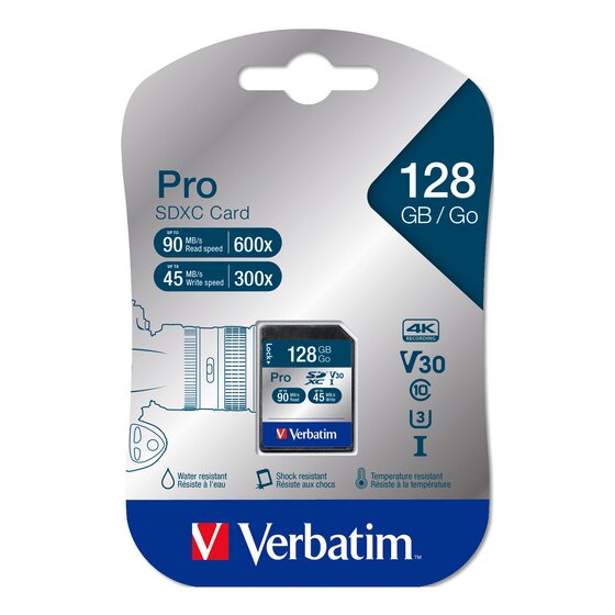 VERBATIM Pro 128GB SDHC Card Class 10 UHS-I – 4K Video & High-Res Photography