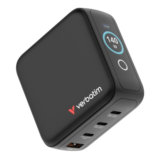 Verbatim Mini GaN Charger 140W with Display – 3-Port Fast Charger