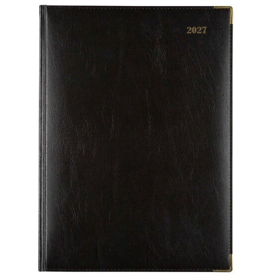 Cumberland 2027 Corporate Diary – Quarto Day-to-Page, Black Leather Grain with Gold Corners