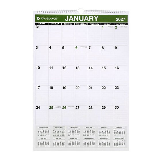 At-A-Glance 2027 Monthly Wall Calendar – 304 × 431 mm, Month-to-View, 100% Recycled Paper