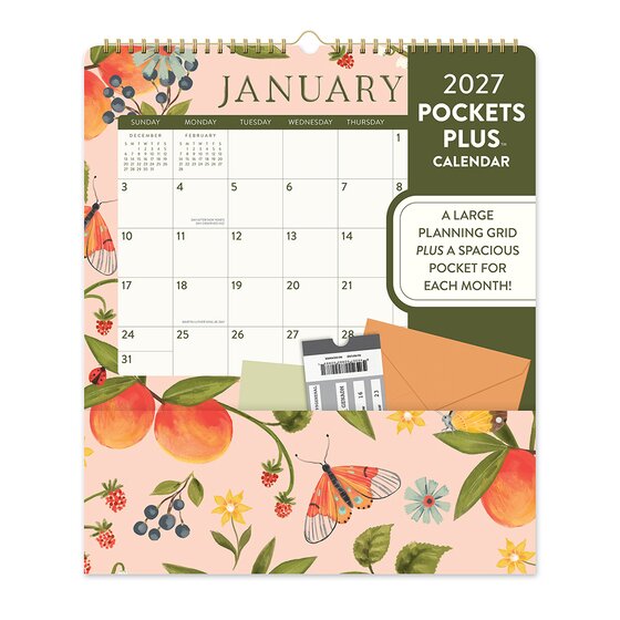 Orange Circle 2027 Fruit & Flora Pocket Plus Wall Calendar – Monthly Artwork with Storage Pocket