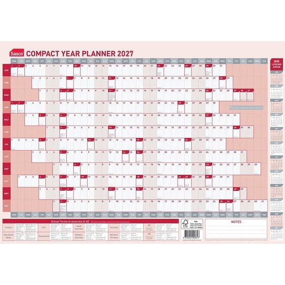 Sasco 2027 Compact Year Planner – 594 × 420mm Wall Calendar with AU & NZ Holidays