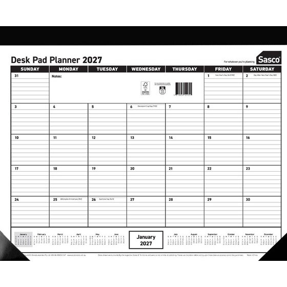 SASCO 2027 Desk Pad Year Planner – 430 × 555 mm, Black & White