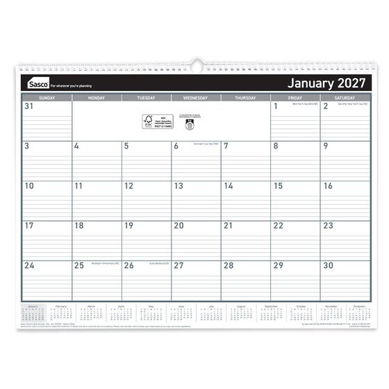 Sasco 2027 Monthly Wall Calendar – 530 × 395mm, Spiral Bound