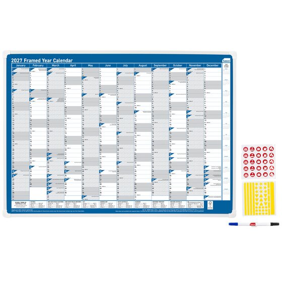 Sasco 2027 Framed Wall Planner – 700 x 1000 mm, Write-On Wipe-Off, AU & NZ Holidays
