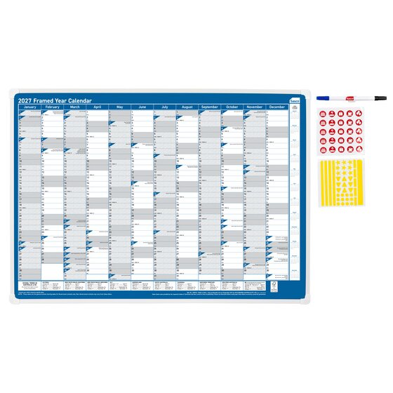 Sasco 2027 Framed Wall Planner – 500 x 700 mm, Write-On Wipe-Off, AU & NZ Holidays